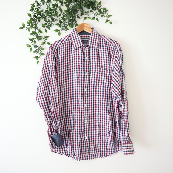 Johnston & Murphy Tailored Fit Blue Purple Check Long Sleeve Button Shirt Size M - Picture 1 of 4